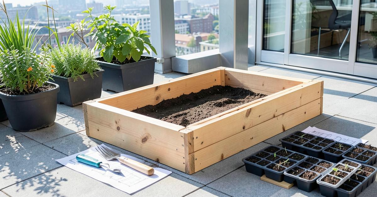 Primeros pasos de un huerto corporativo: cama de madera, herramientas y semilleros en una terraza