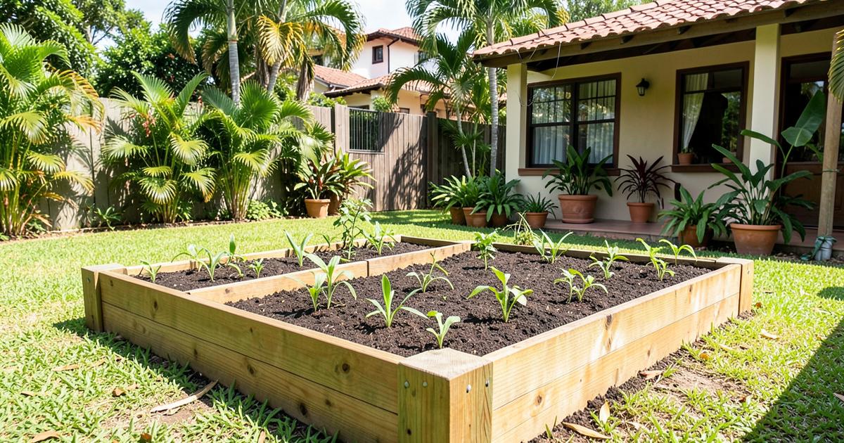 Camas de cultivo de madera recién instaladas en el patio de una casa en Puerto Rico, con siembra nueva