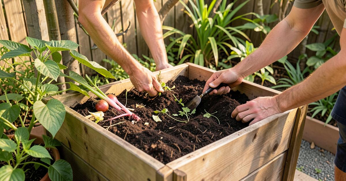 Manos trabajando composta oscura y rica en una cama de cultivo del patio de una casa tropical