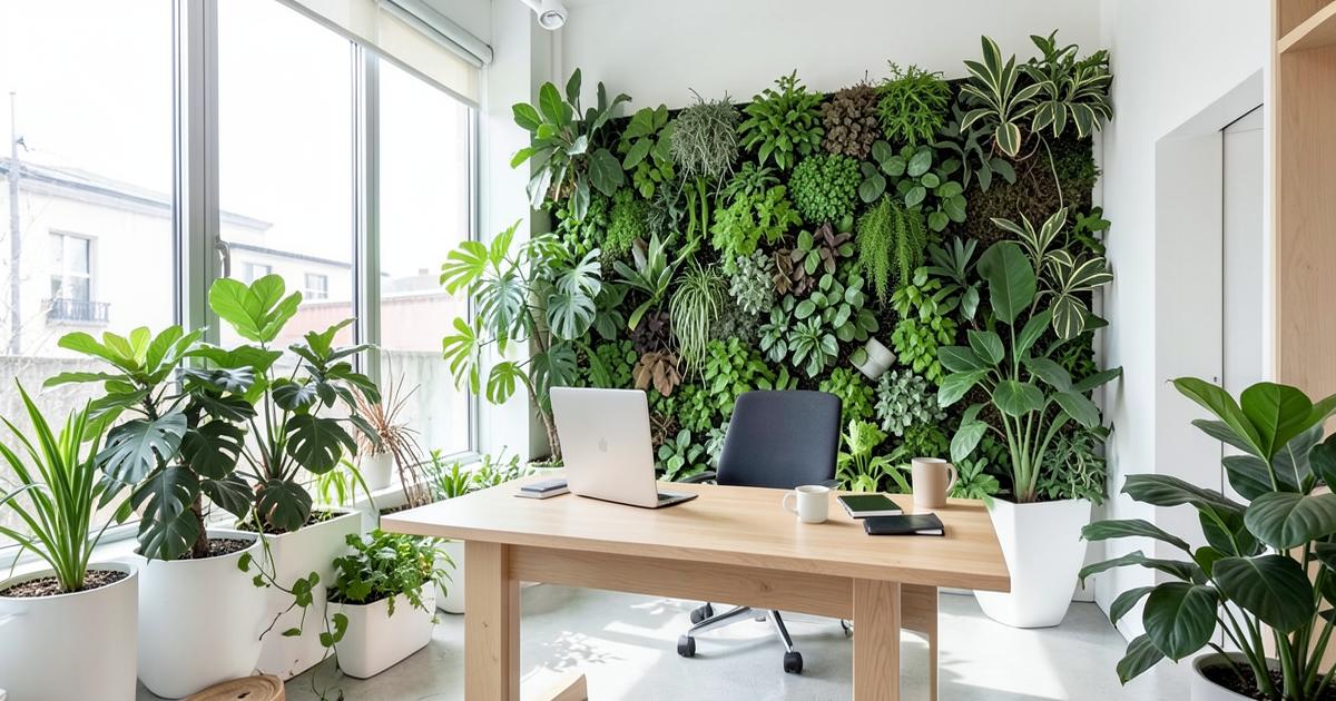 Oficina con diseño biofílico: pared viva de plantas comestibles y escritorio junto a ventana