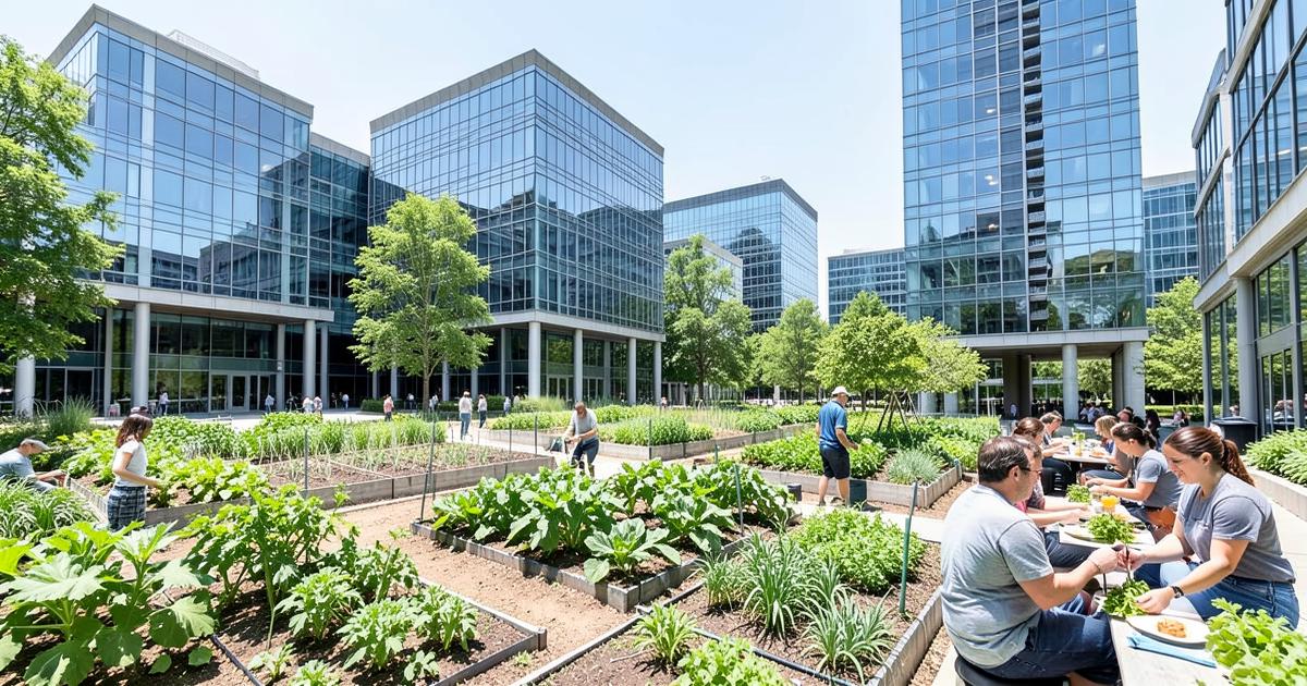 Campus corporativo moderno con huertos para empleados entre edificios de oficinas