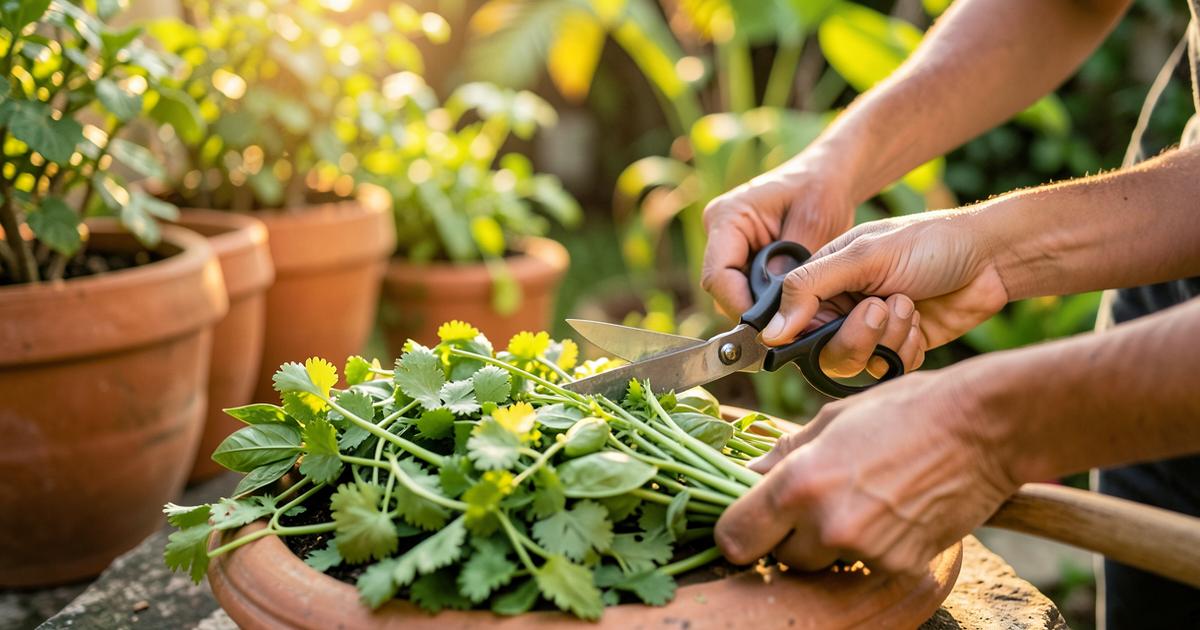 Manos cortando recao, cilantro y albahaca fresca con tijeras en tiestos de terracota en un jardín caribeño