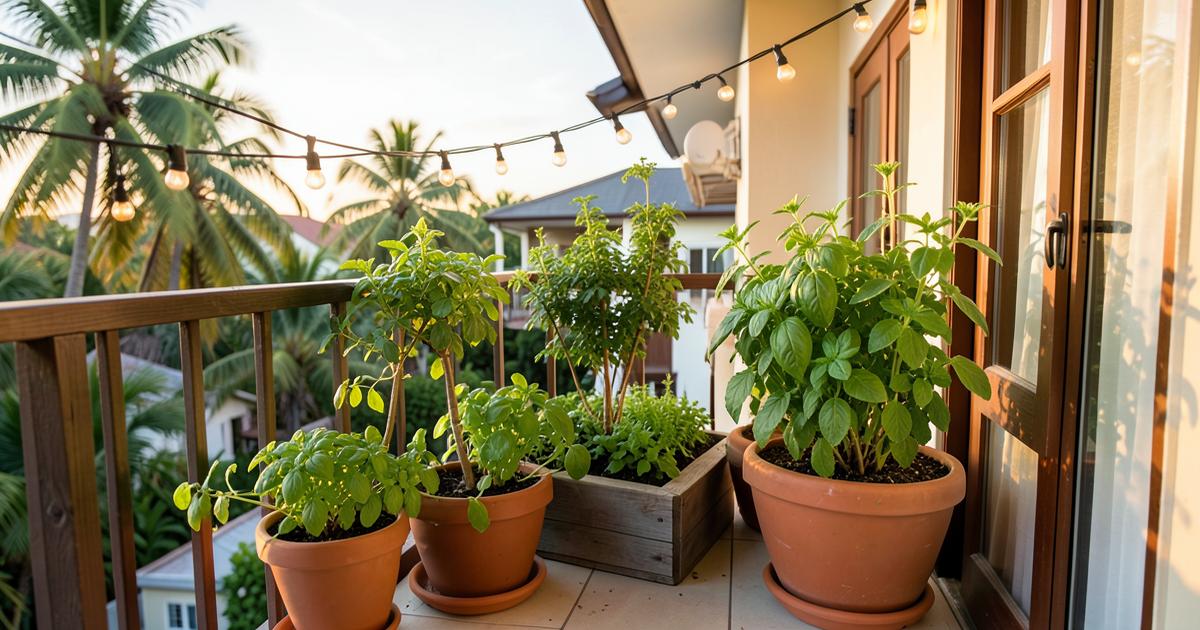 Balcón caribeño con huerto vertical y tiestos de terracota con albahaca, menta y hierbas, luces cálidas