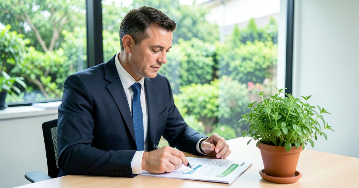 Ejecutivo revisando un reporte de sostenibilidad ESG junto a una planta en la oficina