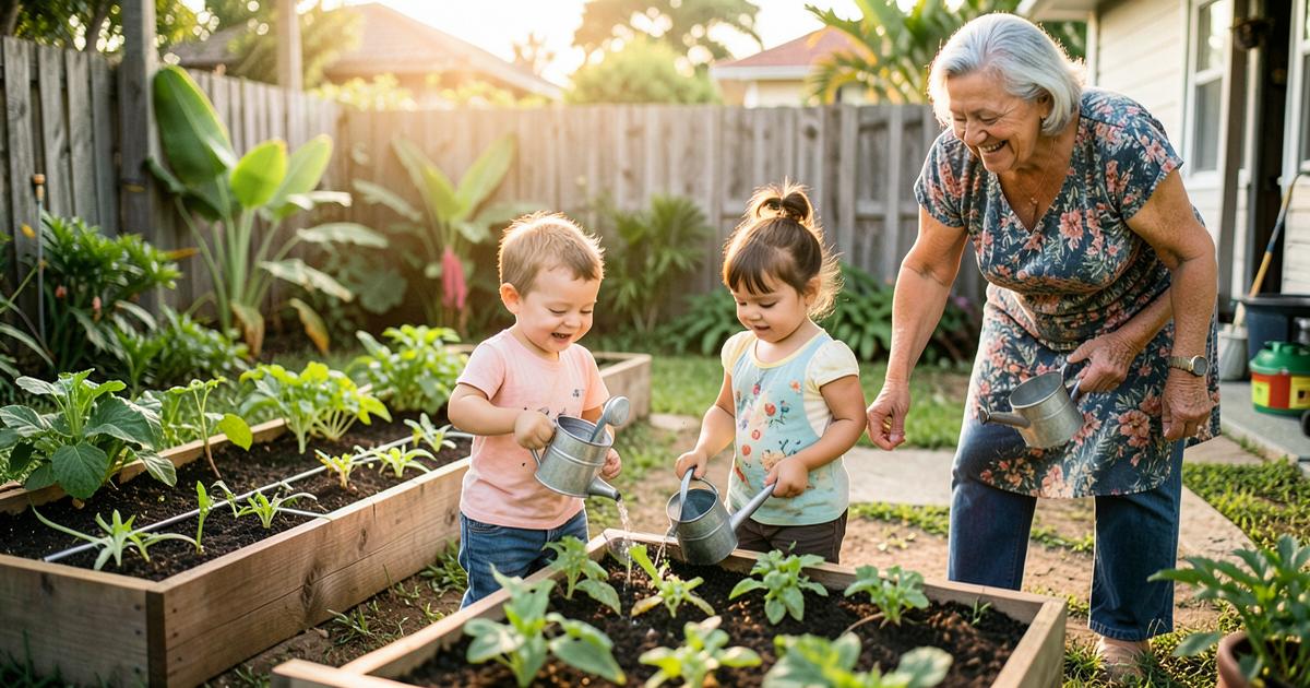 Niños regando las plantas con regaderas pequeñas junto a su abuela en el huerto del patio de su casa