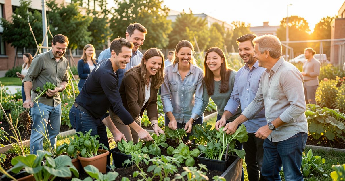 Equipo de empleados cosechando vegetales juntos en el huerto corporativo de su empresa