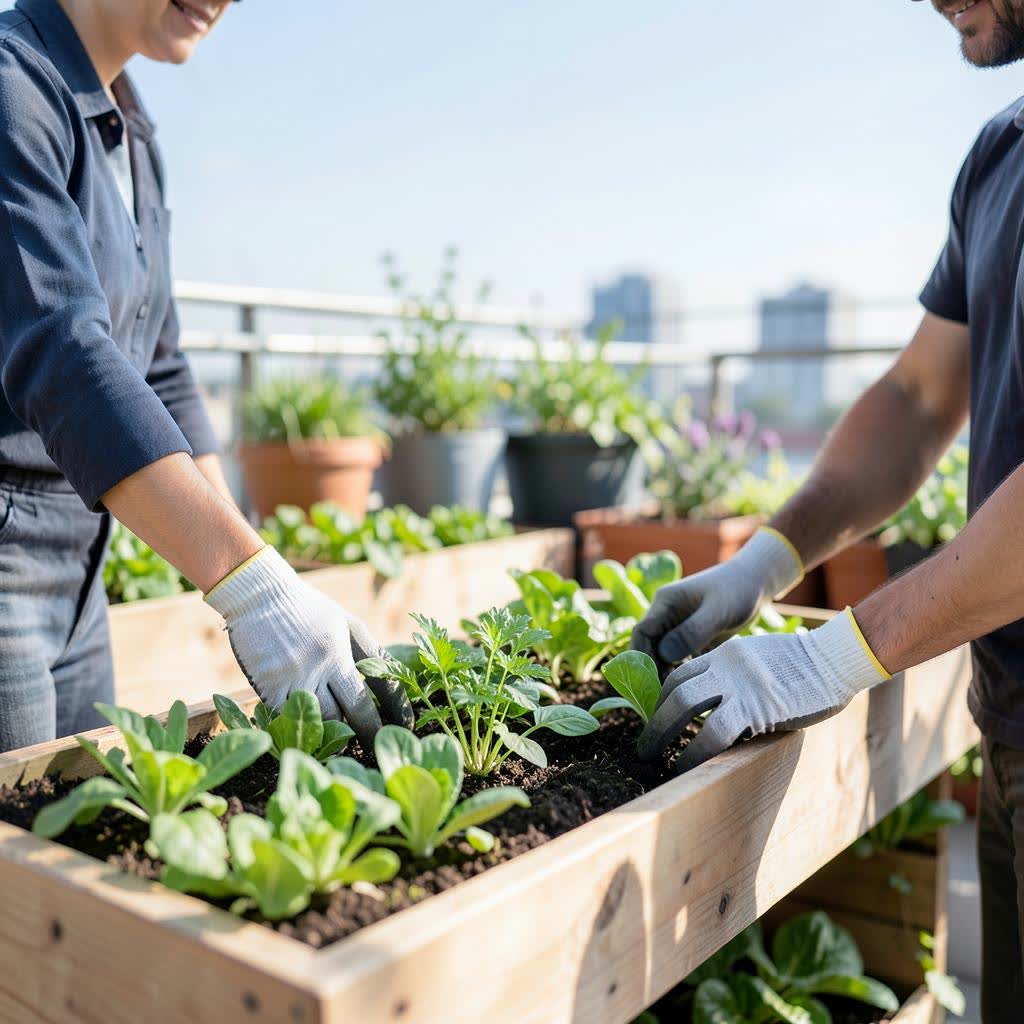 Equipo cuidando un jardín comestible en las oficinas de una empresa en Puerto Rico