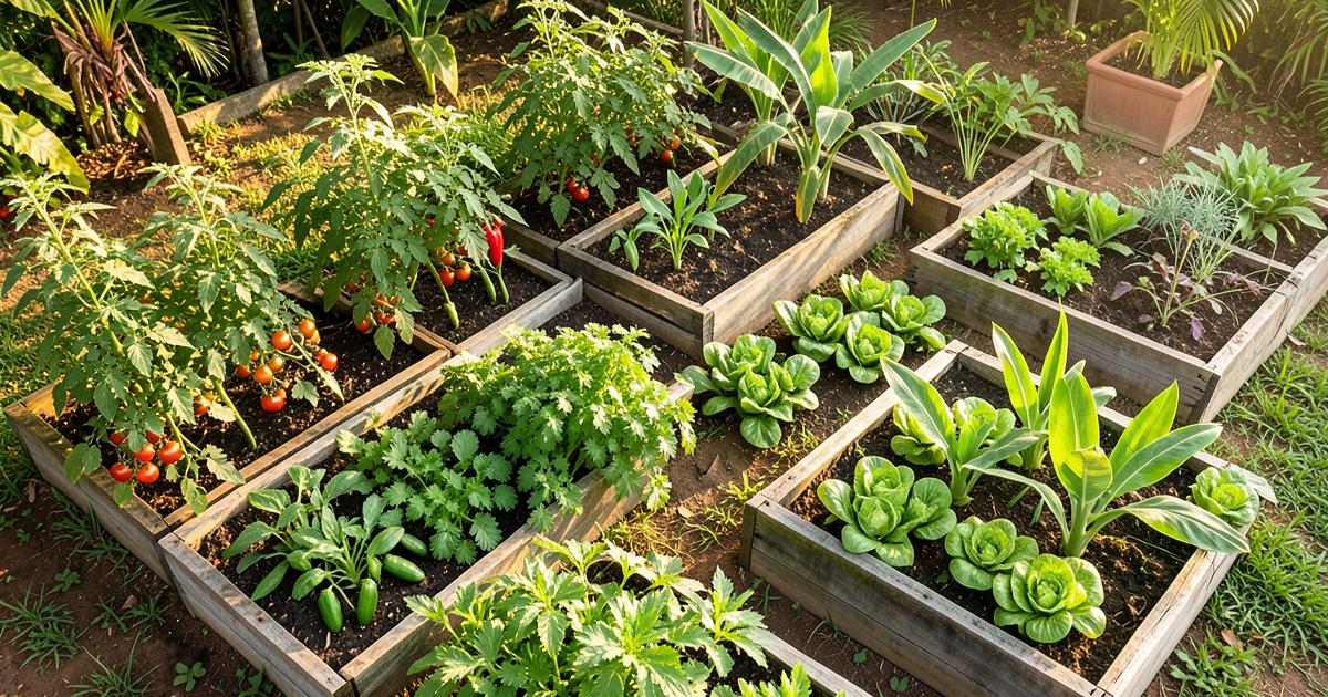 Huerto tropical en camas de madera con tomates, pimientos, recao, lechugas y plátanos en un patio de Puerto Rico