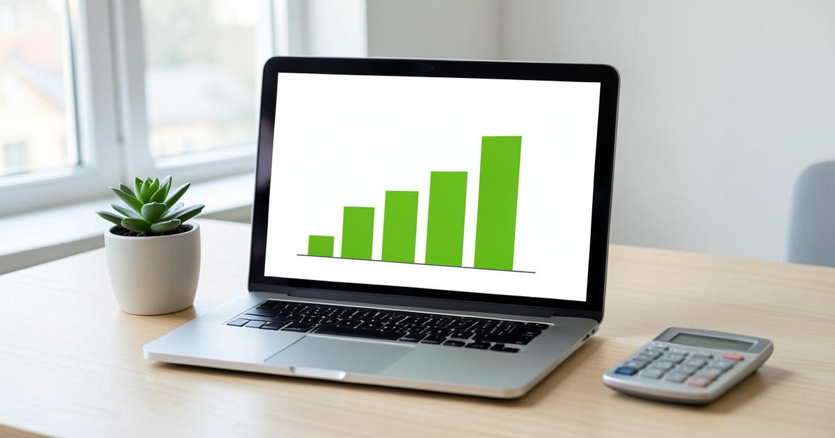 Laptop con gráfica de crecimiento verde y calculadora: retorno de inversión del bienestar