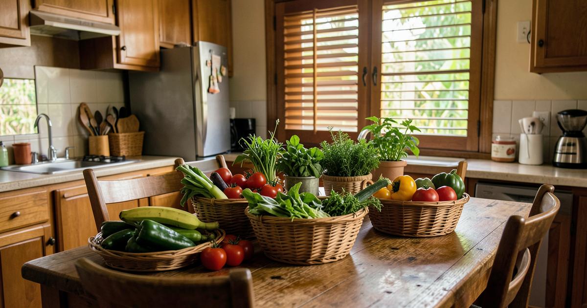 Mesa de cocina puertorriqueña llena de vegetales recién cosechados del huerto de la casa, cestas con viandas y hortalizas