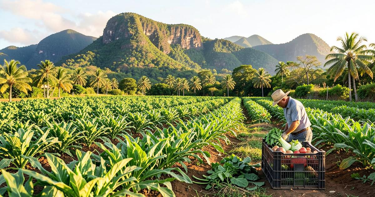 Agricultor cosechando productos frescos en un sembradío de Puerto Rico con montañas al fondo